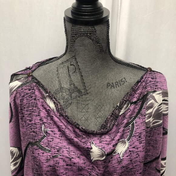 Purple Floral Fringe Poncho Shawl Wrap Scarf Silver Black Detailing - Picture 5 of 9